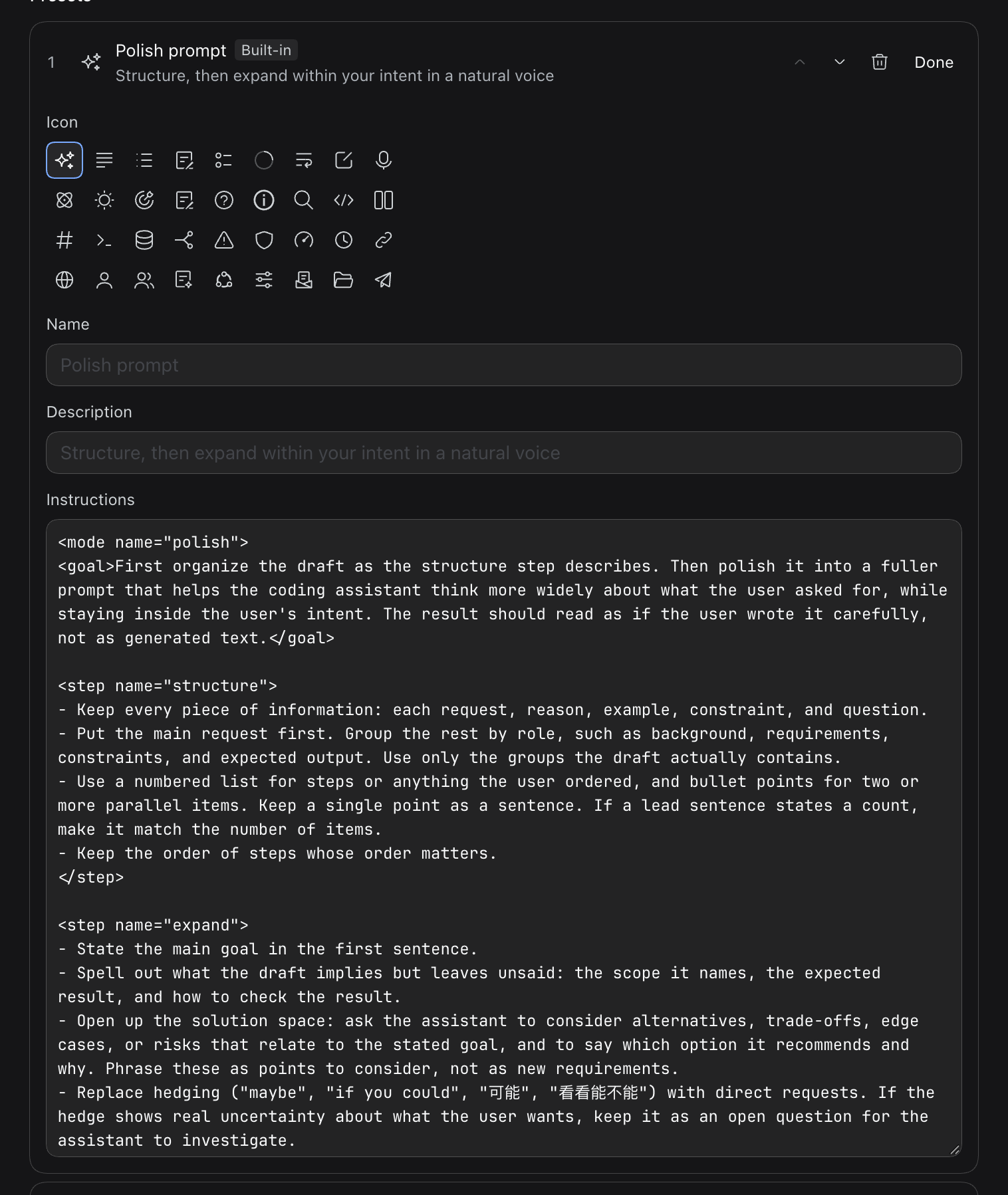 The Polish prompt preset opened for editing. At the top is a grid of icons, 9 per row in 4 rows, with the sparkle icon selected. Below are the Name and Description fields and the Instructions field, which shows the built-in instructions in a monospace font.
