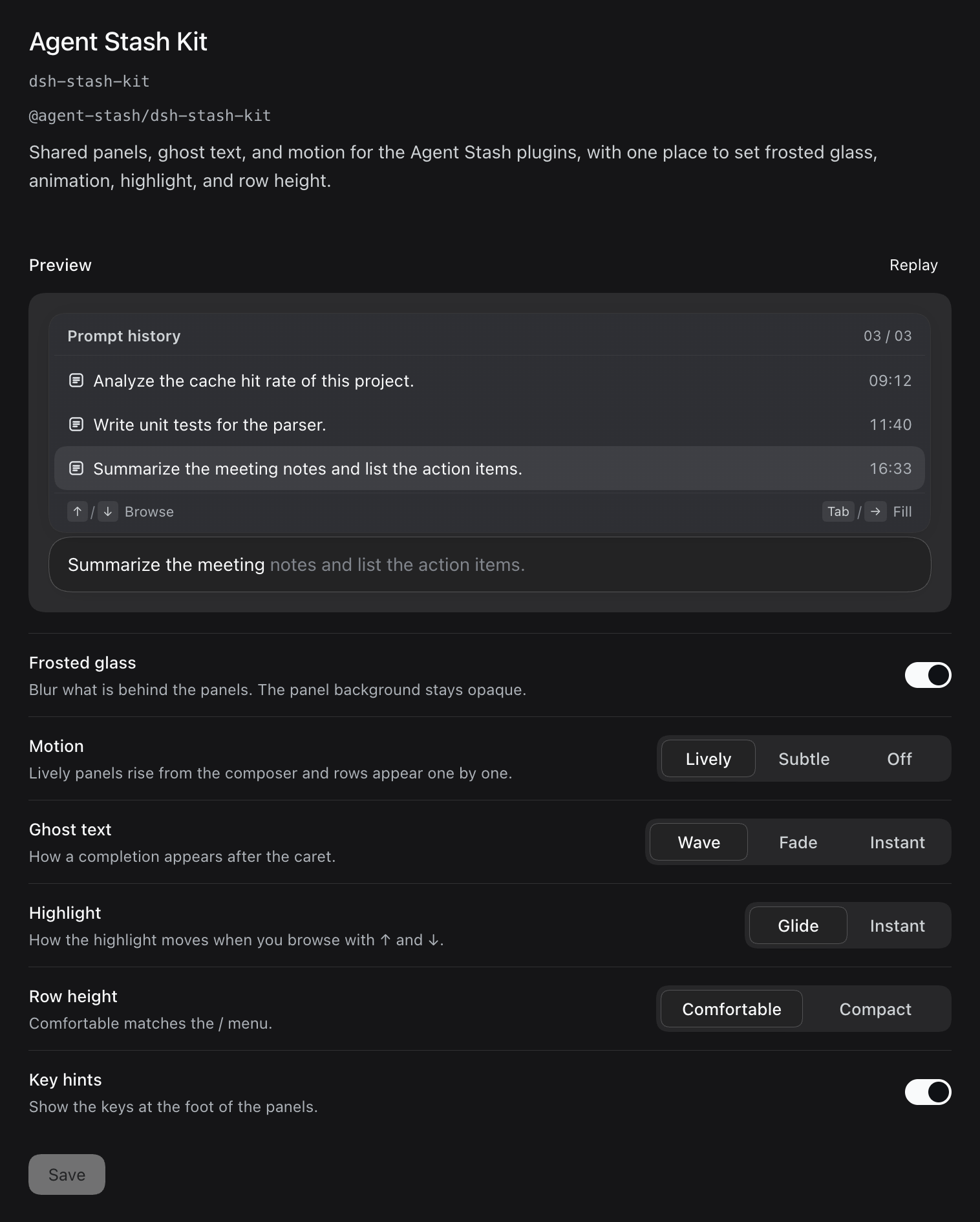 The full Agent Stash Kit settings page. The preview is at the top. Below it are Frosted glass, Motion, Ghost text, Highlight, Row height and Key hints, in that order, followed by the Save button.