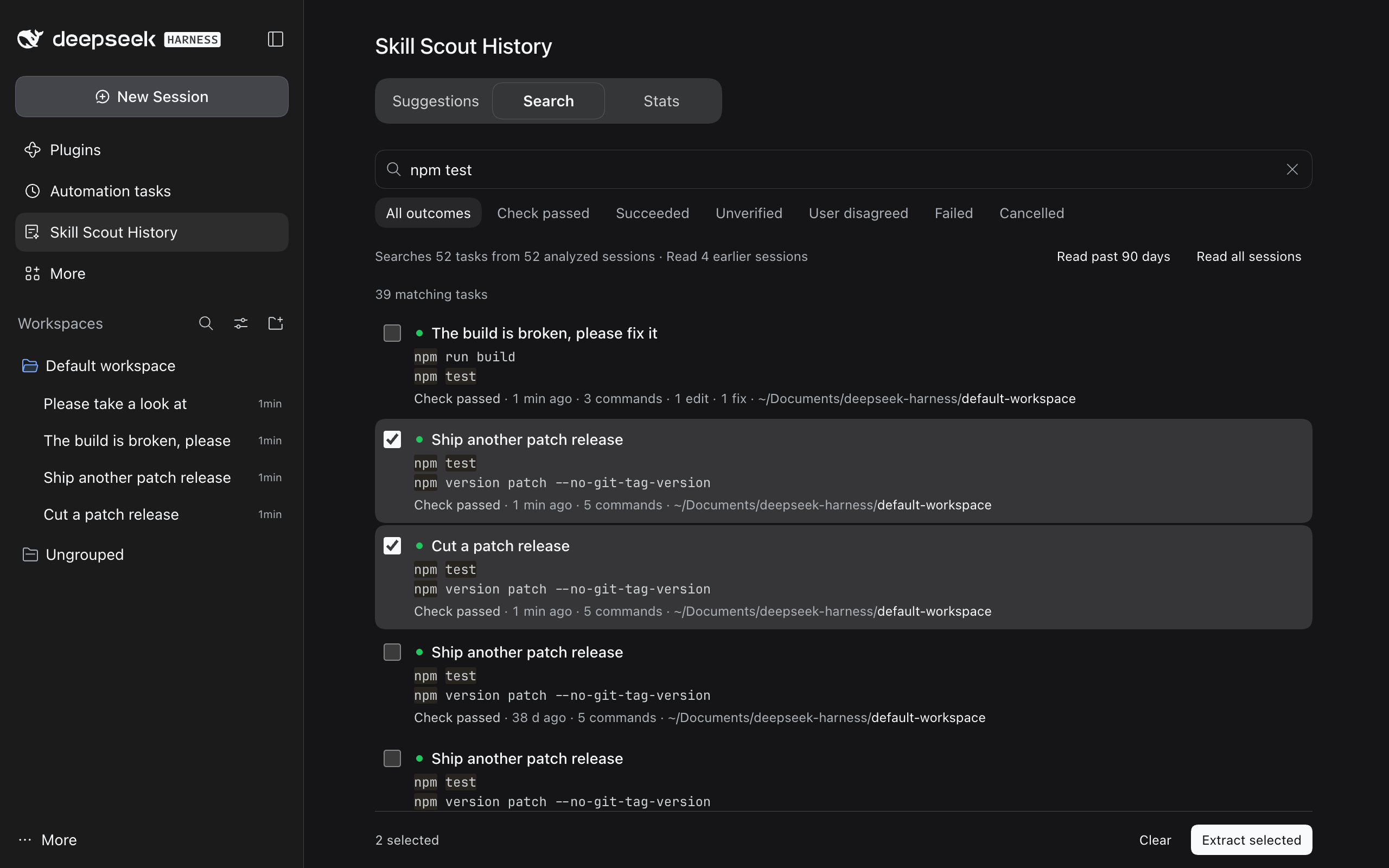 The Search section of Skill Scout History with npm test in the search box and a row of outcome filters below it: All outcomes, Check passed, Succeeded, Unverified, User disagreed, Failed, and Cancelled. The scope line says the search covers 52 tasks from 52 analyzed sessions and 4 earlier sessions read so far, with Read past 90 days and Read all sessions on the right. 39 tasks match; 'Ship another patch release' and 'Cut a patch release' are checked. Each row shows its outcome, time, command count, and commands, with npm test highlighted and the working directory at the end. The selection bar at the bottom reads '2 selected' with Clear and Extract selected.