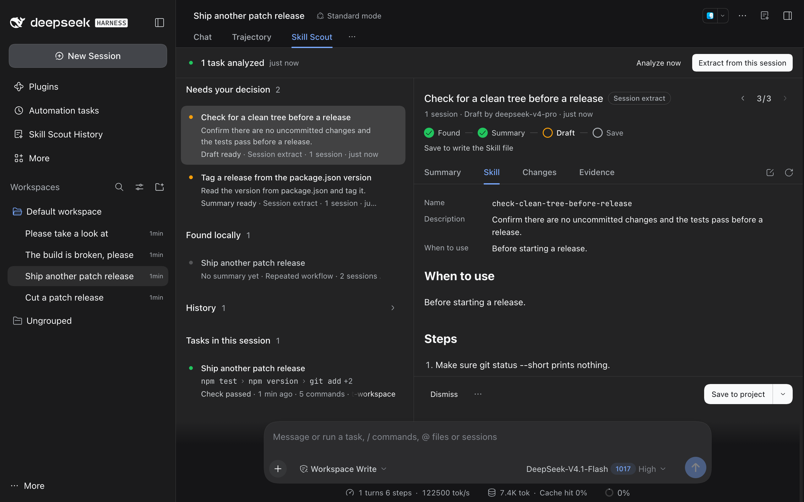 The full window, with a Skill Scout History entry in the sidebar. Under the session title are Chat, Trajectory, and Skill Scout, with Skill Scout open. The left column lists 'Check for a clean tree before a release, Draft ready' (selected) and 'Tag a release from the package.json version' under Needs your decision, then the Found locally and History groups and the session's tasks, each task row ending with its working directory. The right column shows the selected idea: '3 / 3' next to the title, a draft by deepseek-v4-pro, a step row stopped at Draft waiting for you, and the line 'Save to write the Skill file'. The Summary, Skill, Changes, and Evidence tabs follow, with the Skill preview open: the name check-clean-tree-before-release and two code blocks, git status --short and npm test. The footer has Dismiss on the left and Save to project with a dropdown arrow on the right.