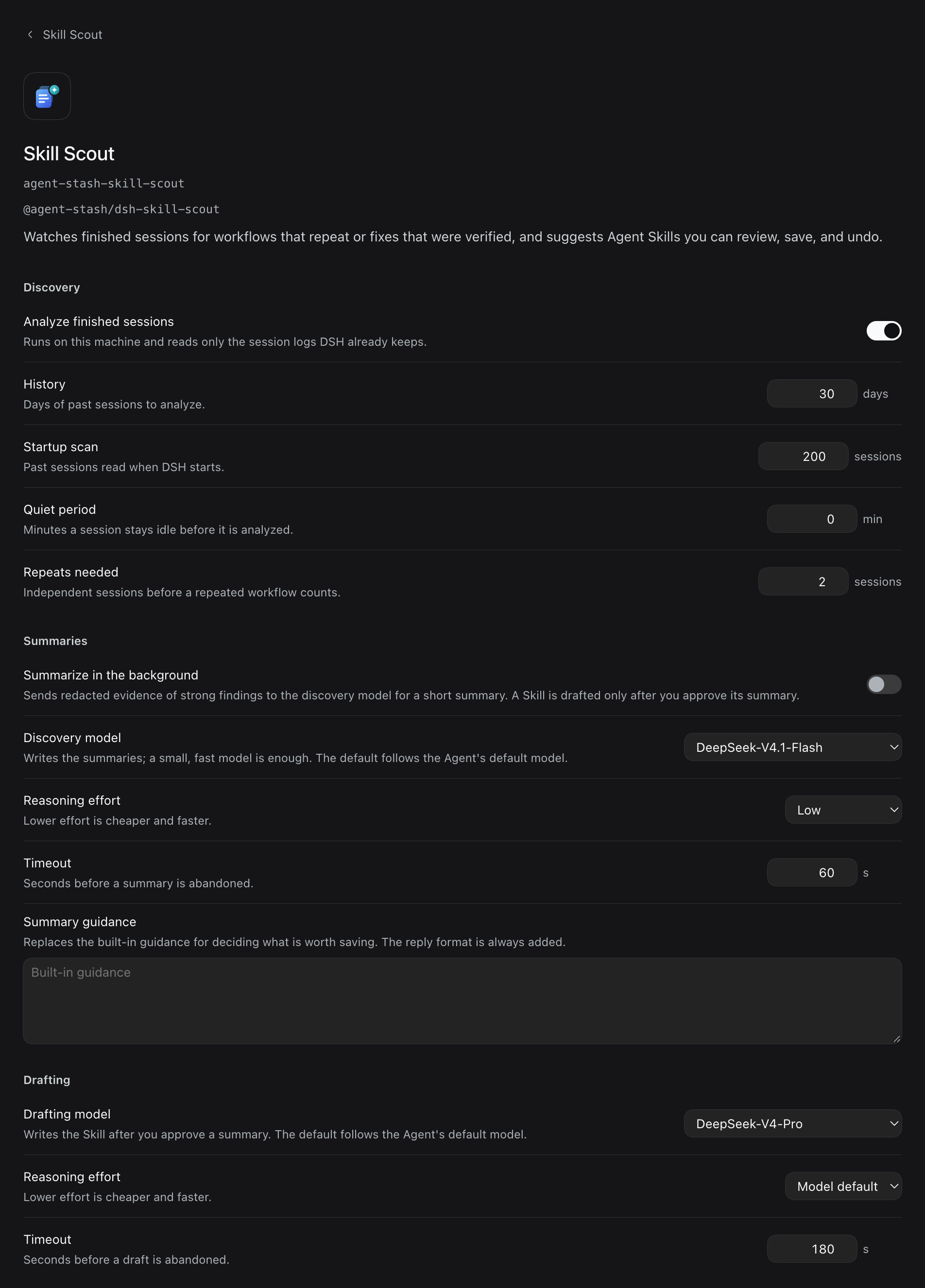 The Discovery, Summaries, and Drafting groups of the Skill Scout settings page. Analyze finished sessions is on. Summarize in the background is off, the discovery model is DeepSeek-V4.1-Flash with Low reasoning effort, and the drafting model is DeepSeek-V4-Pro with the model's default effort.